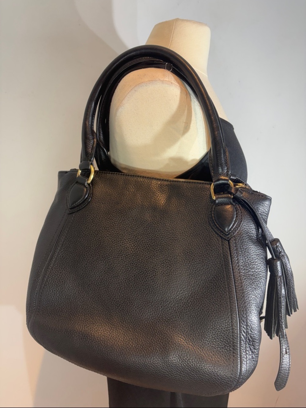 J.Crew Black Pebbled Leather Satchel Crossbody Tassel Brass Hardware